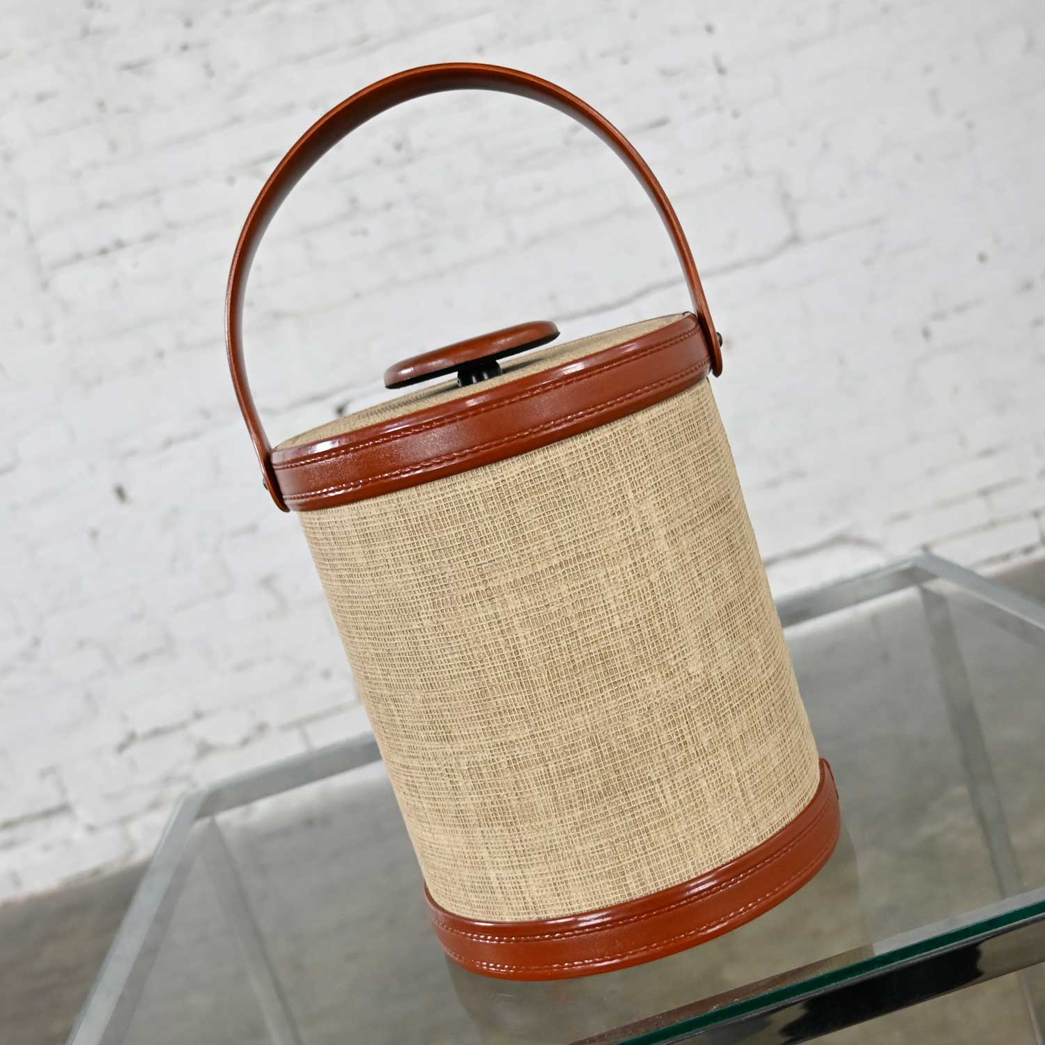 Vintage Modern Tan & Brown Linen-Look Faux Leather Ice Bucket by Kraftware