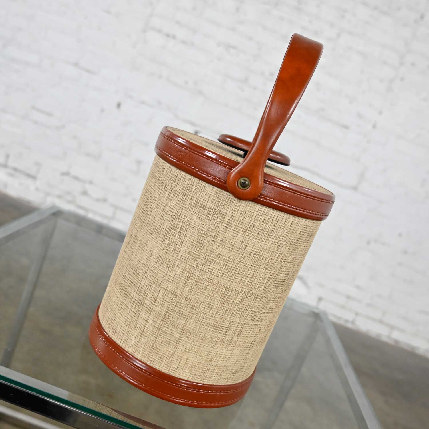 Vintage Modern Tan & Brown Linen-Look Faux Leather Ice Bucket by Kraftware