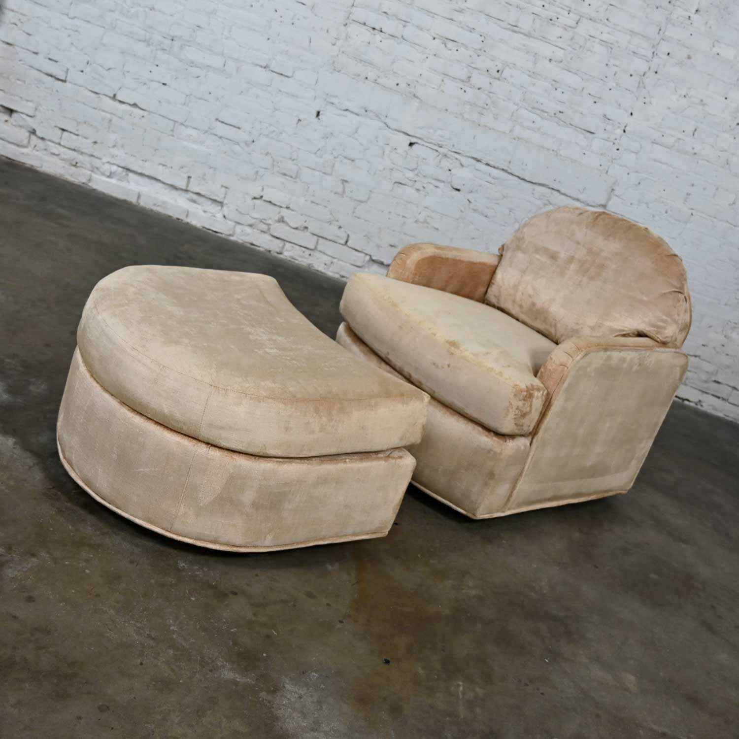 Vintage Modern Drexel Club Chair & Ottoman with Casters Original Tan Chenille Fabric with Welting Trim