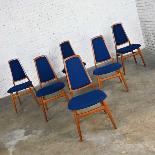 6 Vintage Vamdrup Stolefabrik Scandinavian Modern Teak & Blue Dining Chairs Style Eva Chair by Niels Koefoed