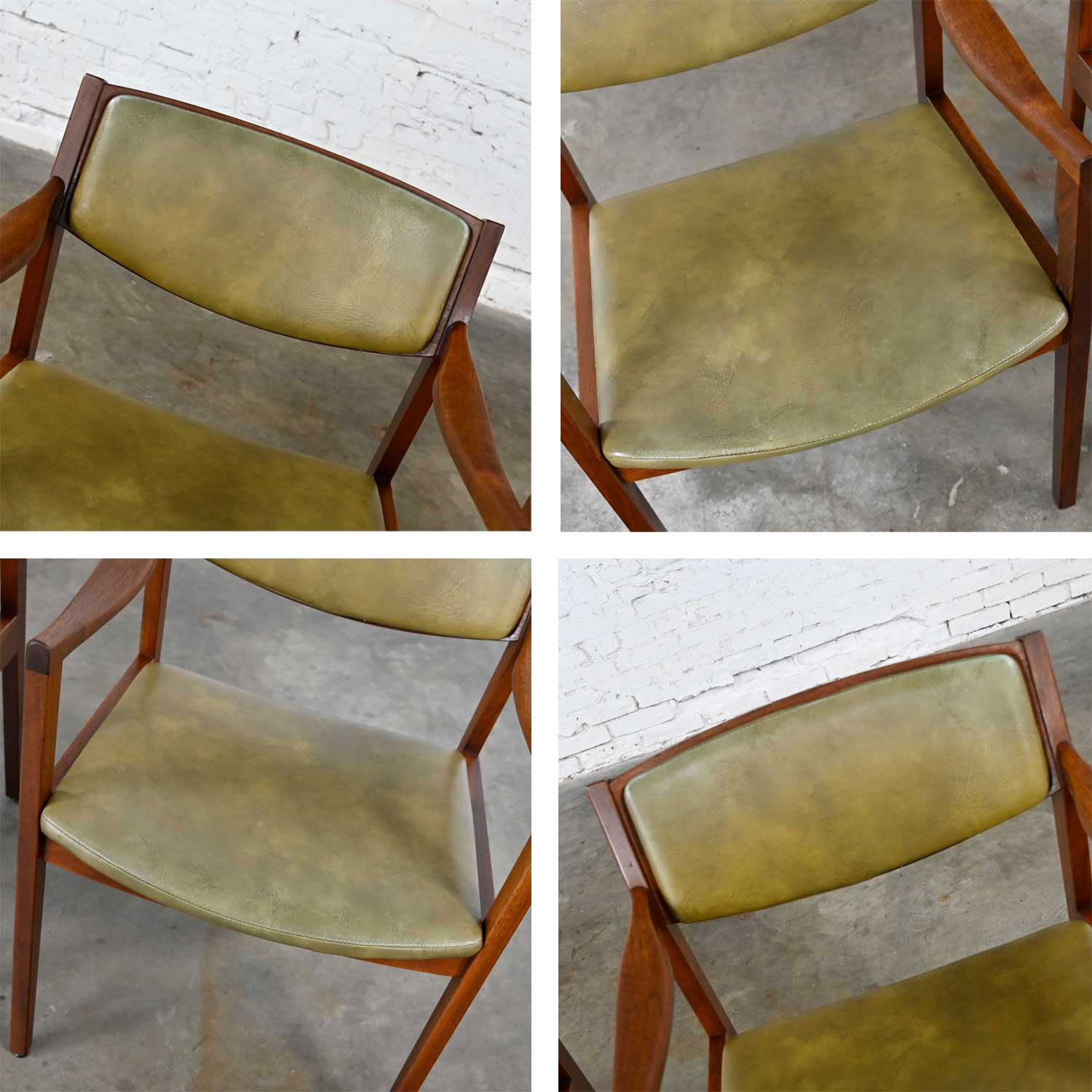 Mid-Century Modern Solid Walnut & Olive Green Faux Leather Chairs by Gunlocke a Pair