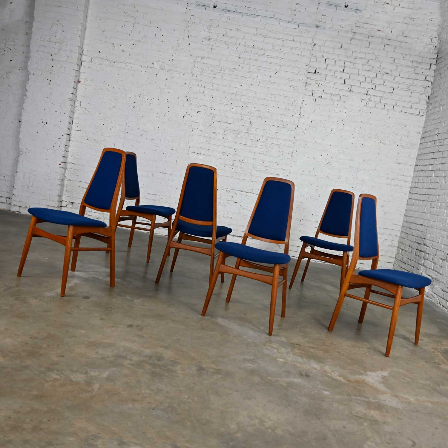 6 Vintage Vamdrup Stolefabrik Scandinavian Modern Teak & Blue Dining Chairs Style Eva Chair by Niels Koefoed