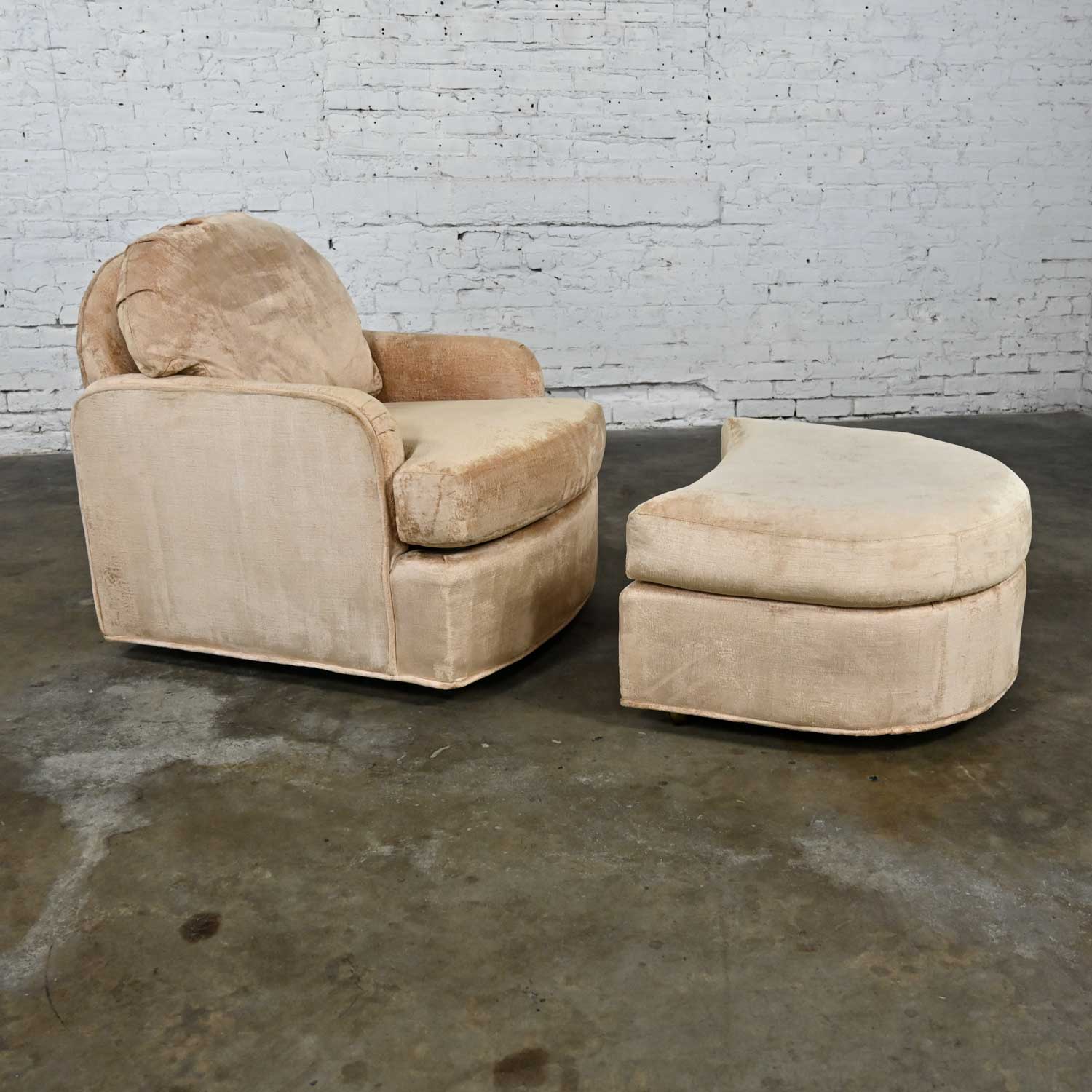Vintage Modern Drexel Club Chair & Ottoman with Casters Original Tan Chenille Fabric with Welting Trim