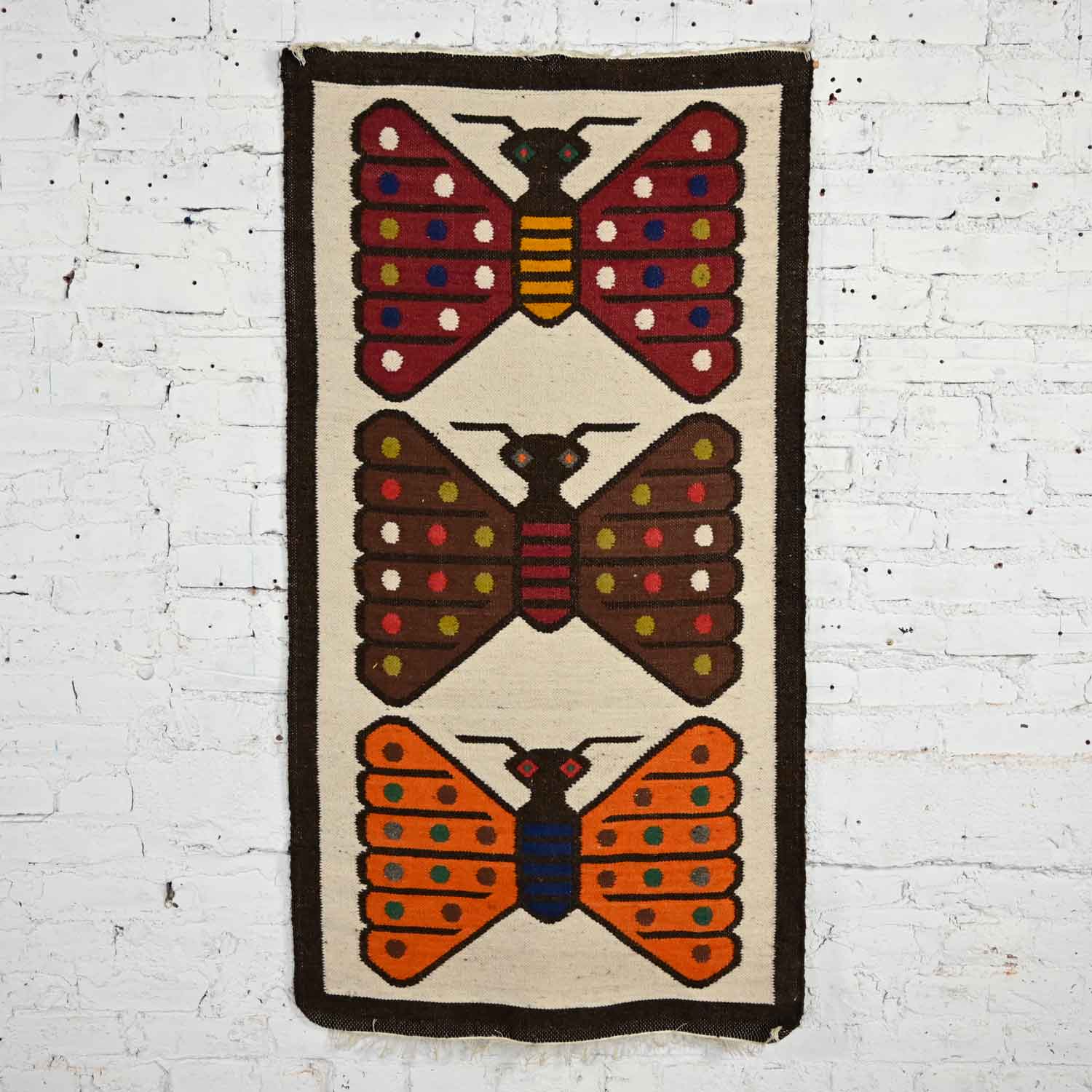 Vintage Mid Century Style South American Handwoven Butterfly Tapestry Wall Hanging