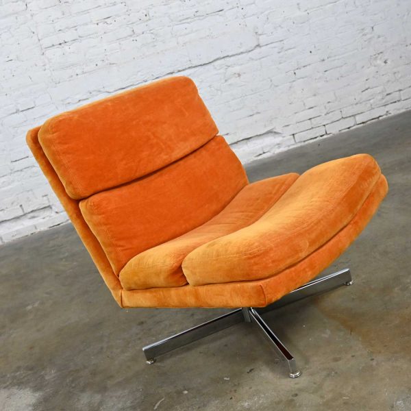 Modern Swivel Slipper Chair Orange Brushed Chenille & 4 Prong Chrome Base