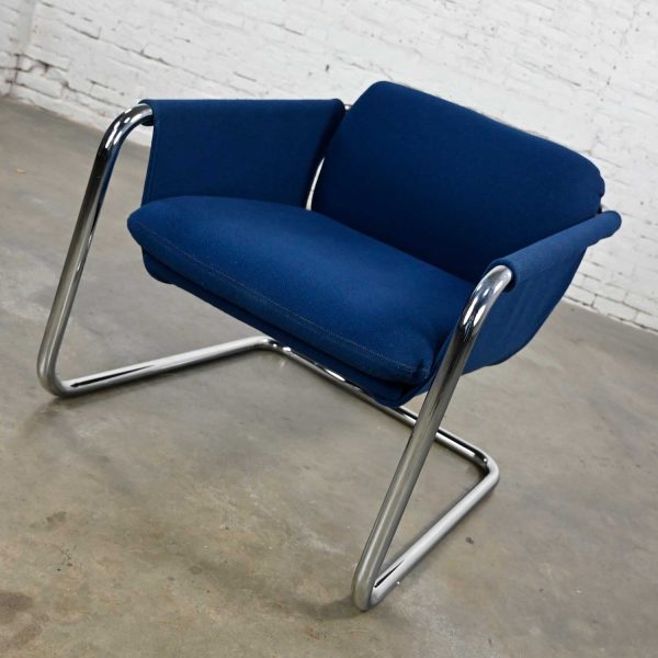 Vintage Modern Royal Blue Hopsacking & Chrome Cantilever Sling Chair