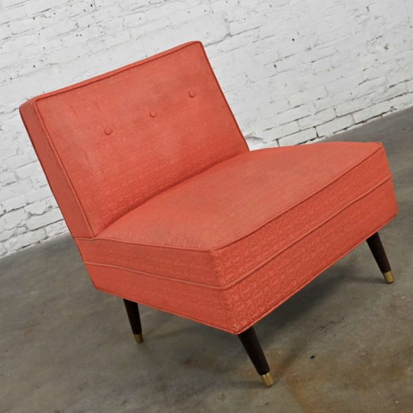 Mid-Century Modern Coral Vinyl Faux Leather Slipper Chair Tapered Legs Brass Painted Sabots