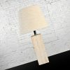 Vintage Modern Travertine Square Block Table Lamp with Oatmeal Linen Tapered Drum Shade