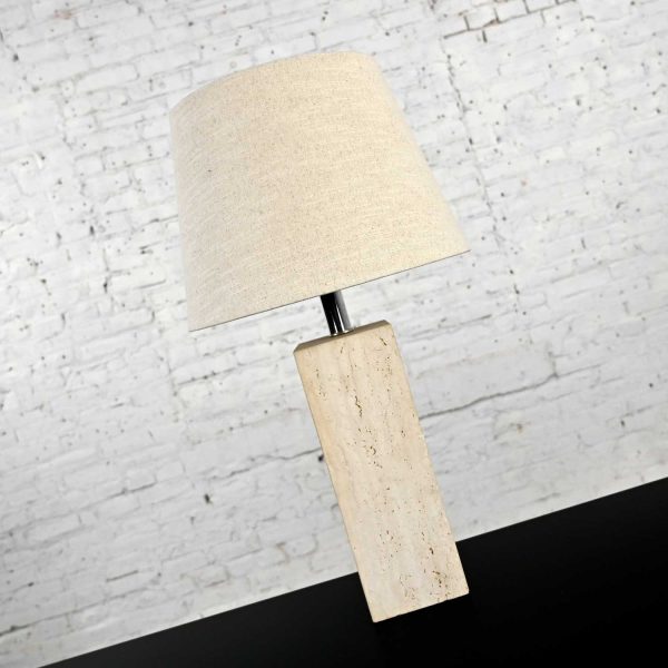 Vintage Modern Travertine Square Block Table Lamp with Oatmeal Linen Tapered Drum Shade