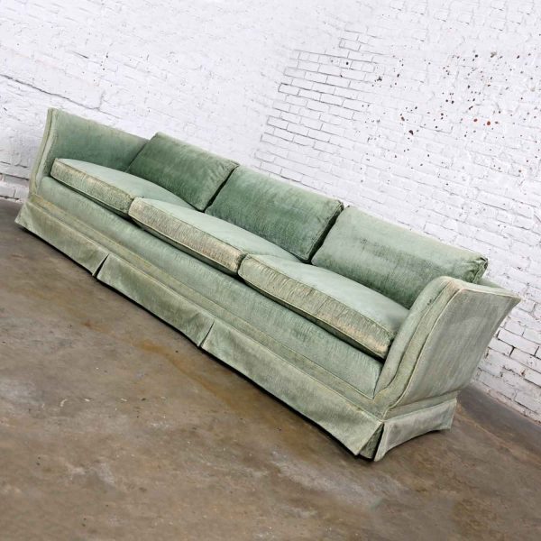 Vintage Modern Hollywood Regency Mint Green Velvet Modified Tuxedo Style Sofa by Henredon