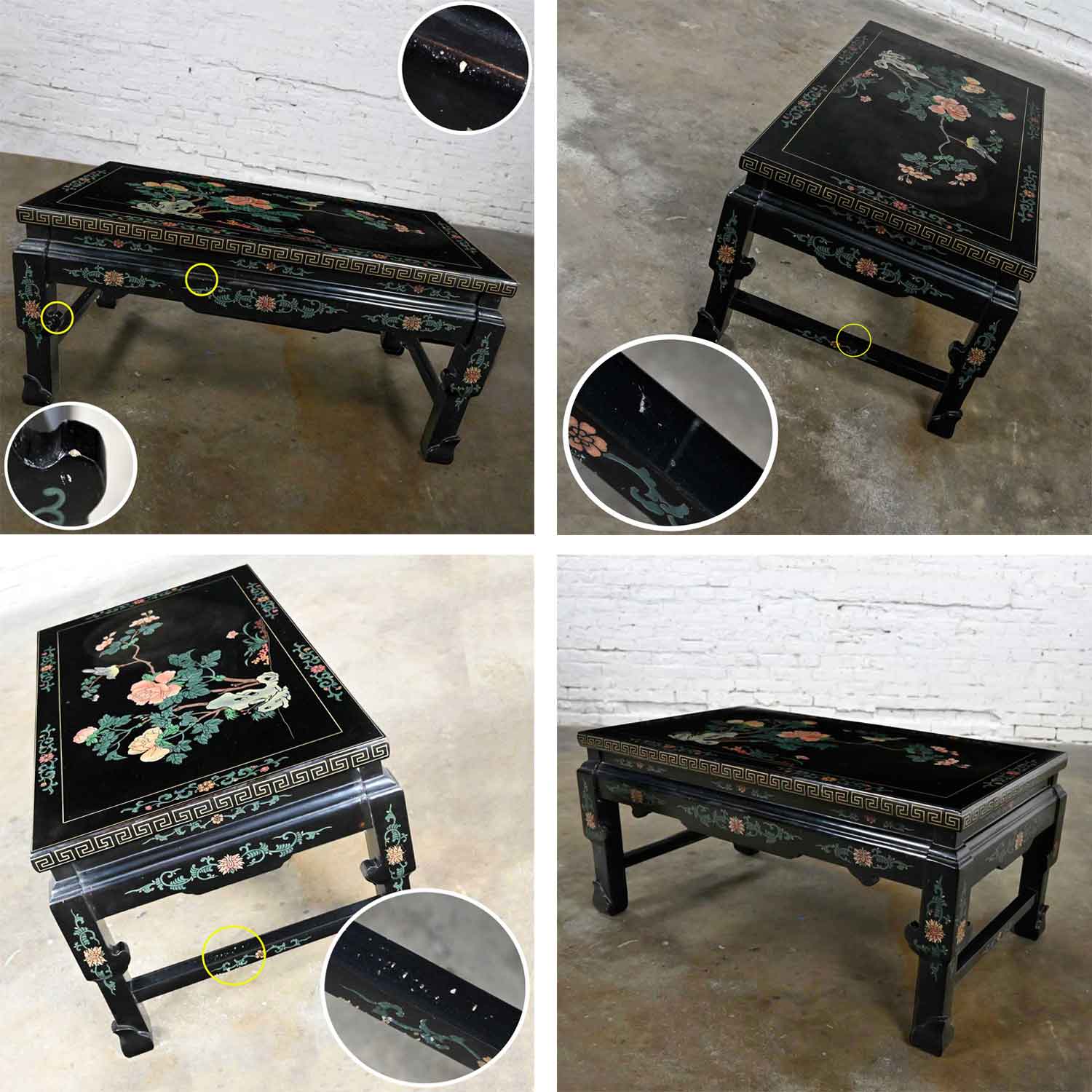 Vintage Chinoiserie Asian Folding Coffee Table Black Lacquered Carved Gold Meander & Floral Design