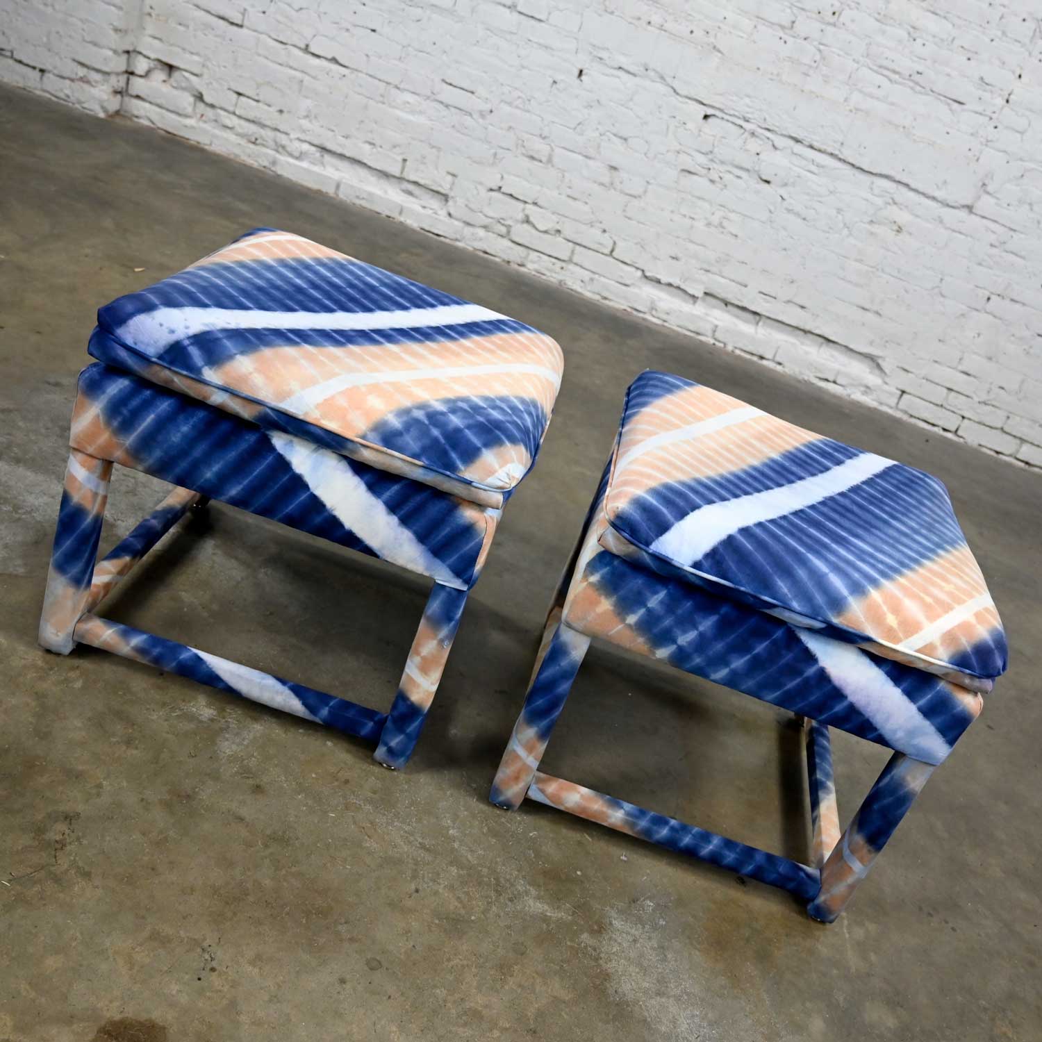 Milo Baughman Style Pair of Blue & Orange Tie-Dye Parsons Style Ottomans Stools or Benches