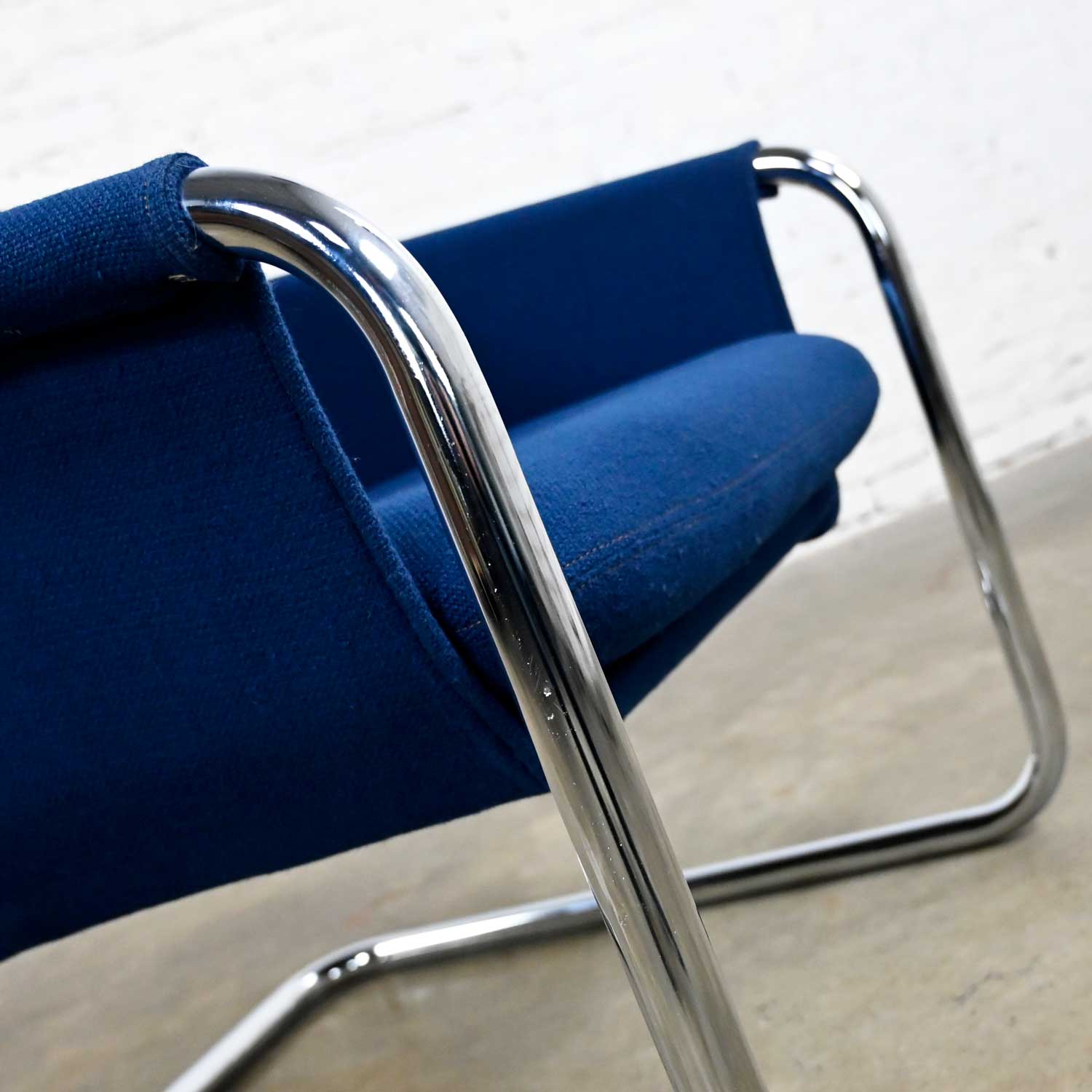 Vintage Modern Royal Blue Hopsacking & Chrome Cantilever Sling Chair