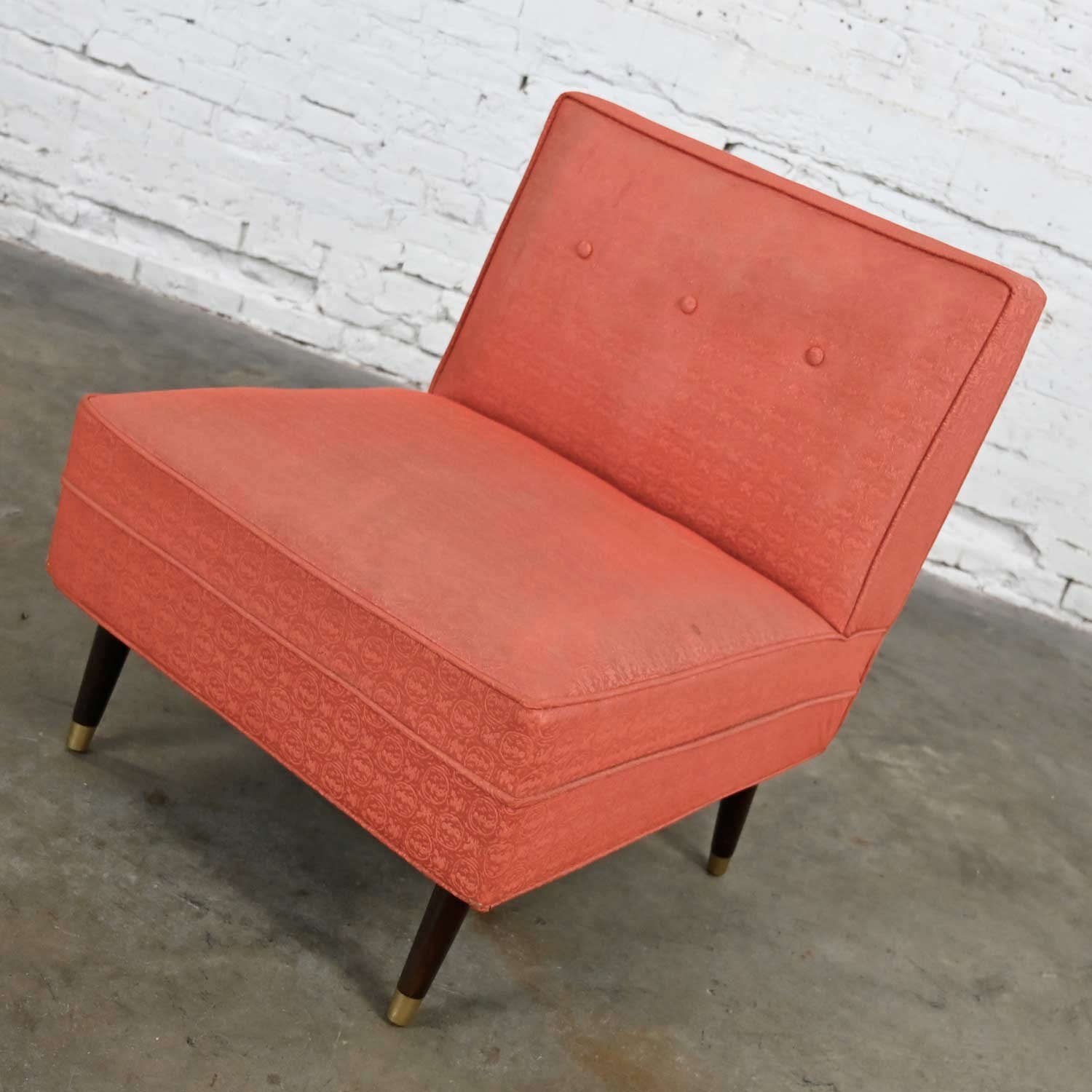 Mid-Century Modern Coral Vinyl Faux Leather Slipper Chair Tapered Legs Brass Painted Sabots