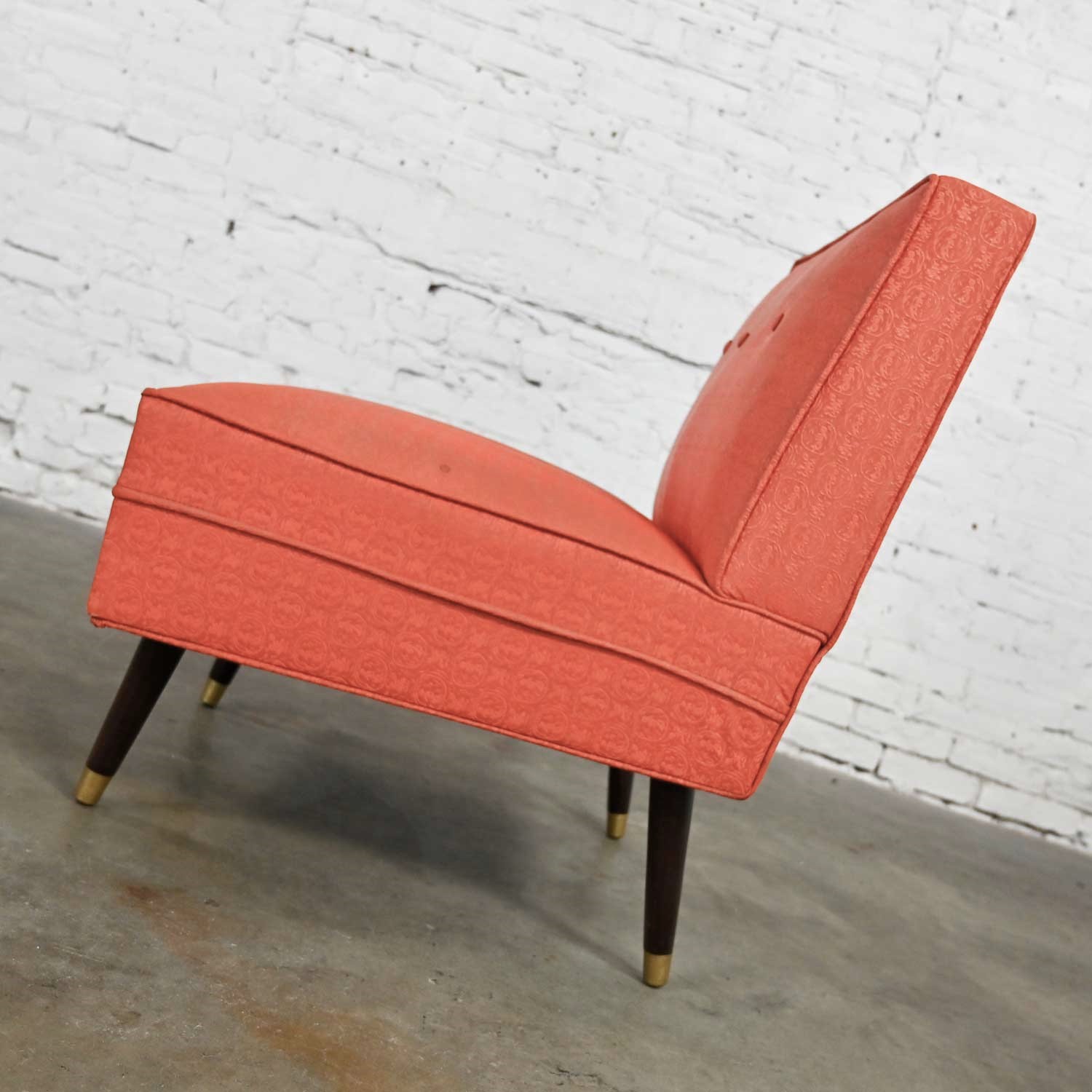 Mid-Century Modern Coral Vinyl Faux Leather Slipper Chair Tapered Legs Brass Painted Sabots