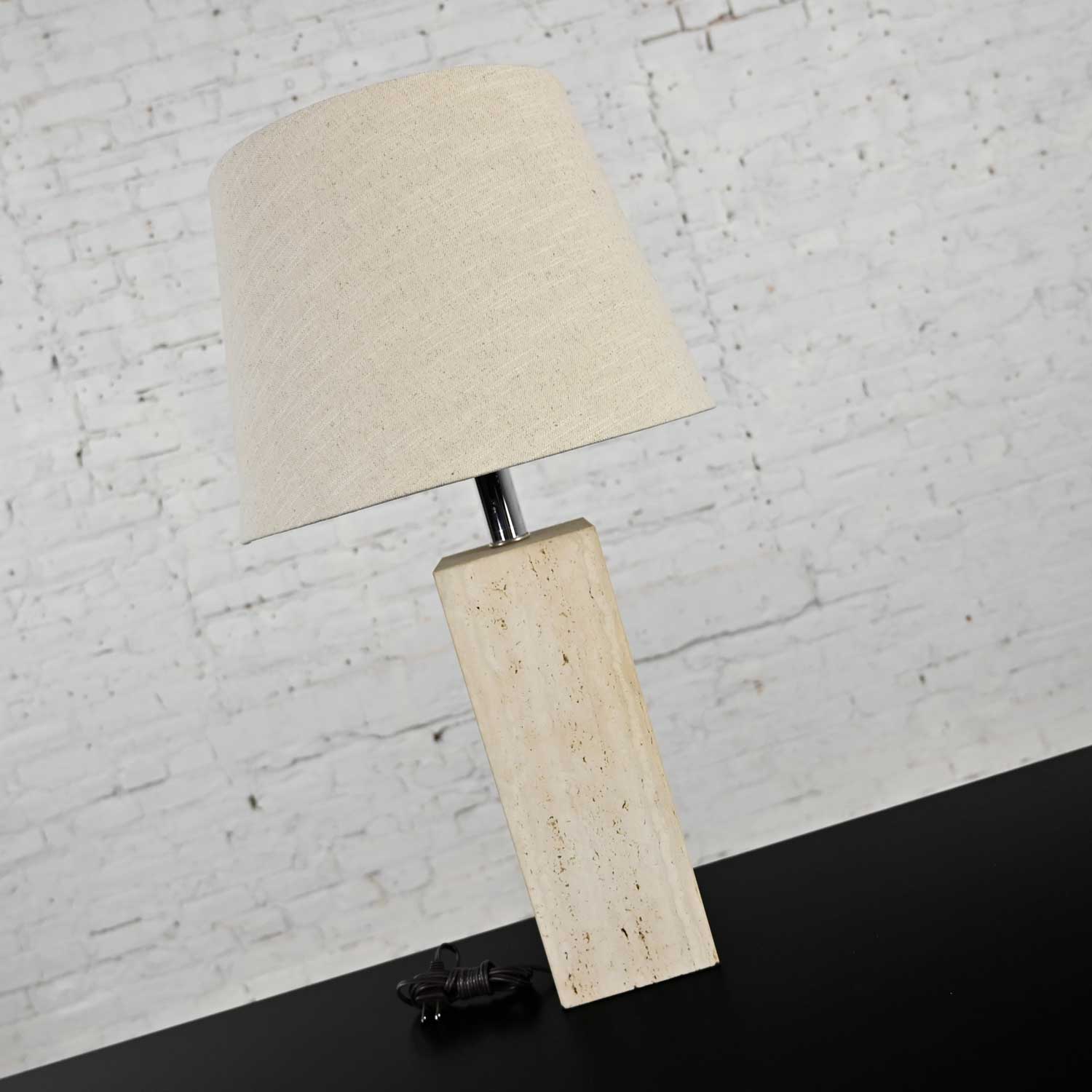 Vintage Modern Travertine Square Block Table Lamp with Oatmeal Linen Tapered Drum Shade