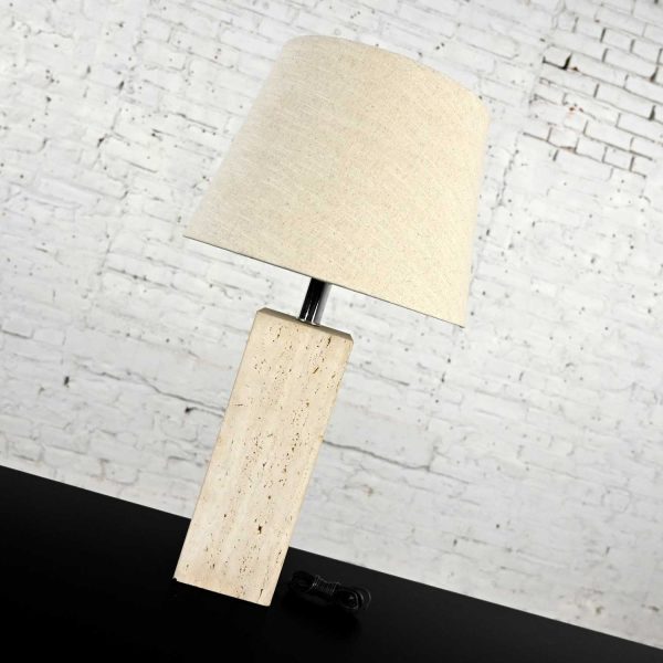 Vintage Modern Travertine Square Block Table Lamp with Oatmeal Linen Tapered Drum Shade