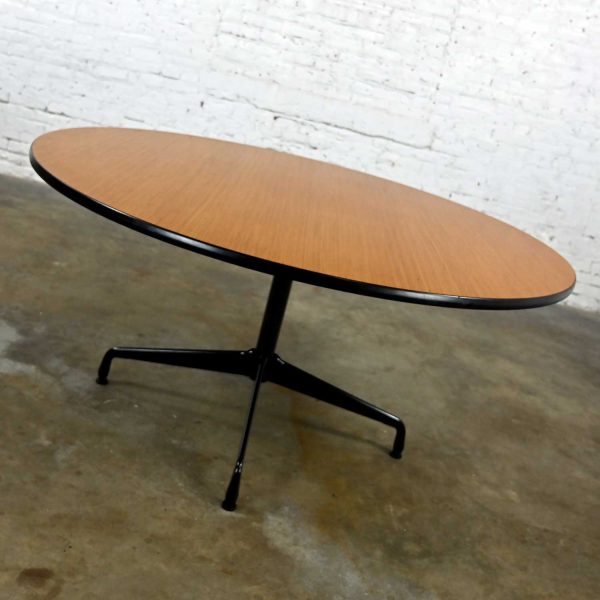 Vintage MCM Eames for Herman Miller Natural Oak Veneer 60 Inch Diameter Round Top All Black Universal Base Tables 11 Available