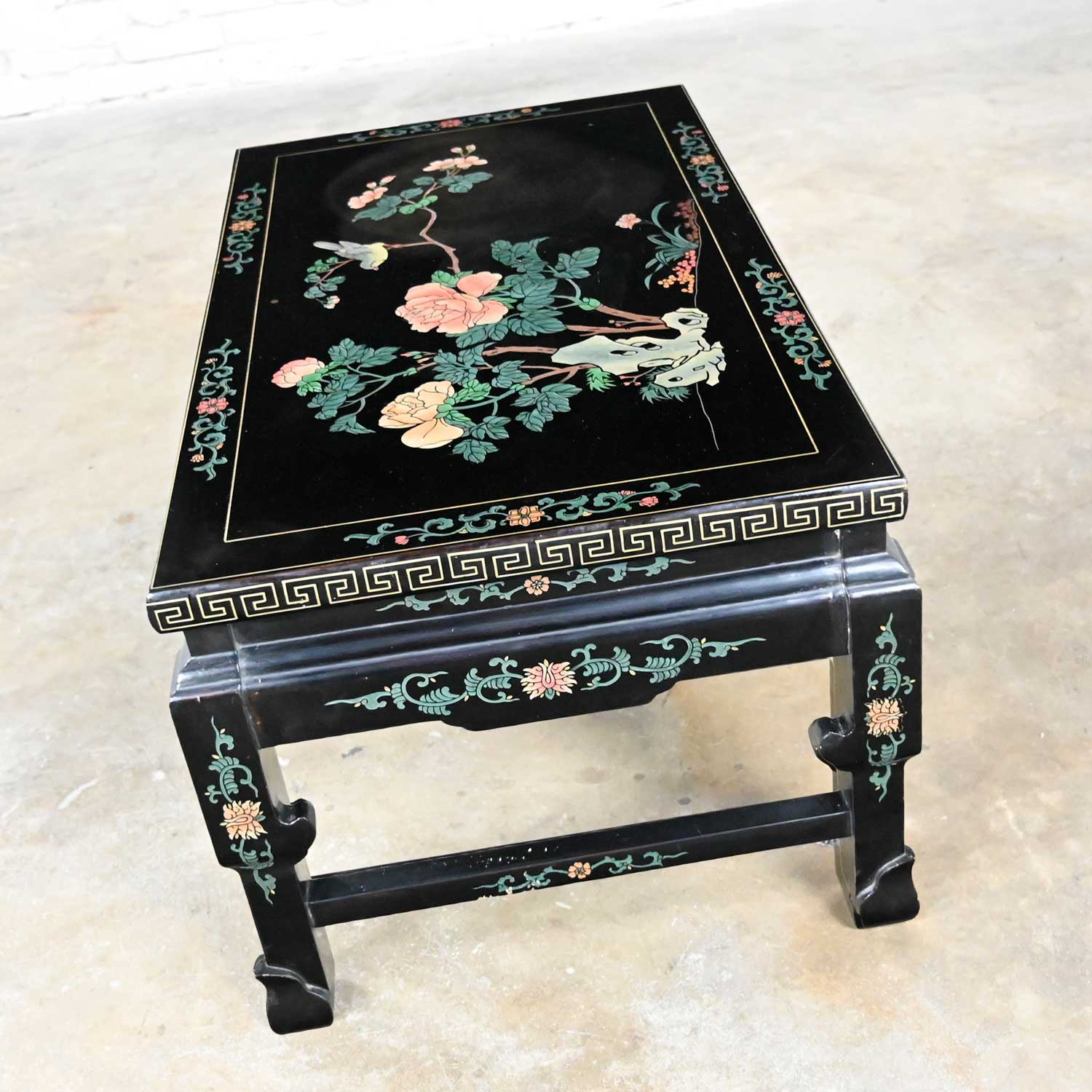 Vintage Chinoiserie Asian Folding Coffee Table Black Lacquered Carved Gold Meander & Floral Design