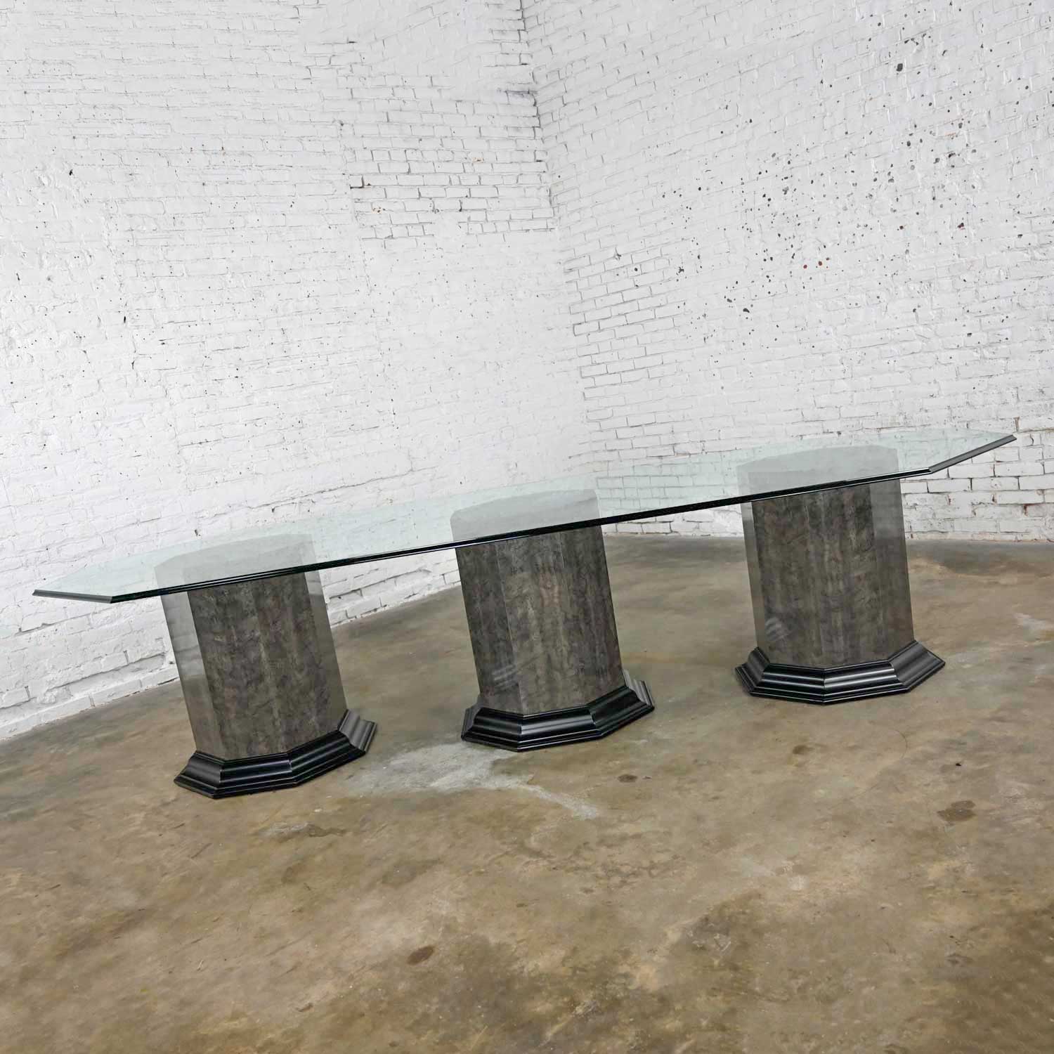 Greek Revival Dining Table Triple Pedestal Base & Elongated Octagon Glass Top Attributed to Bernhardt
