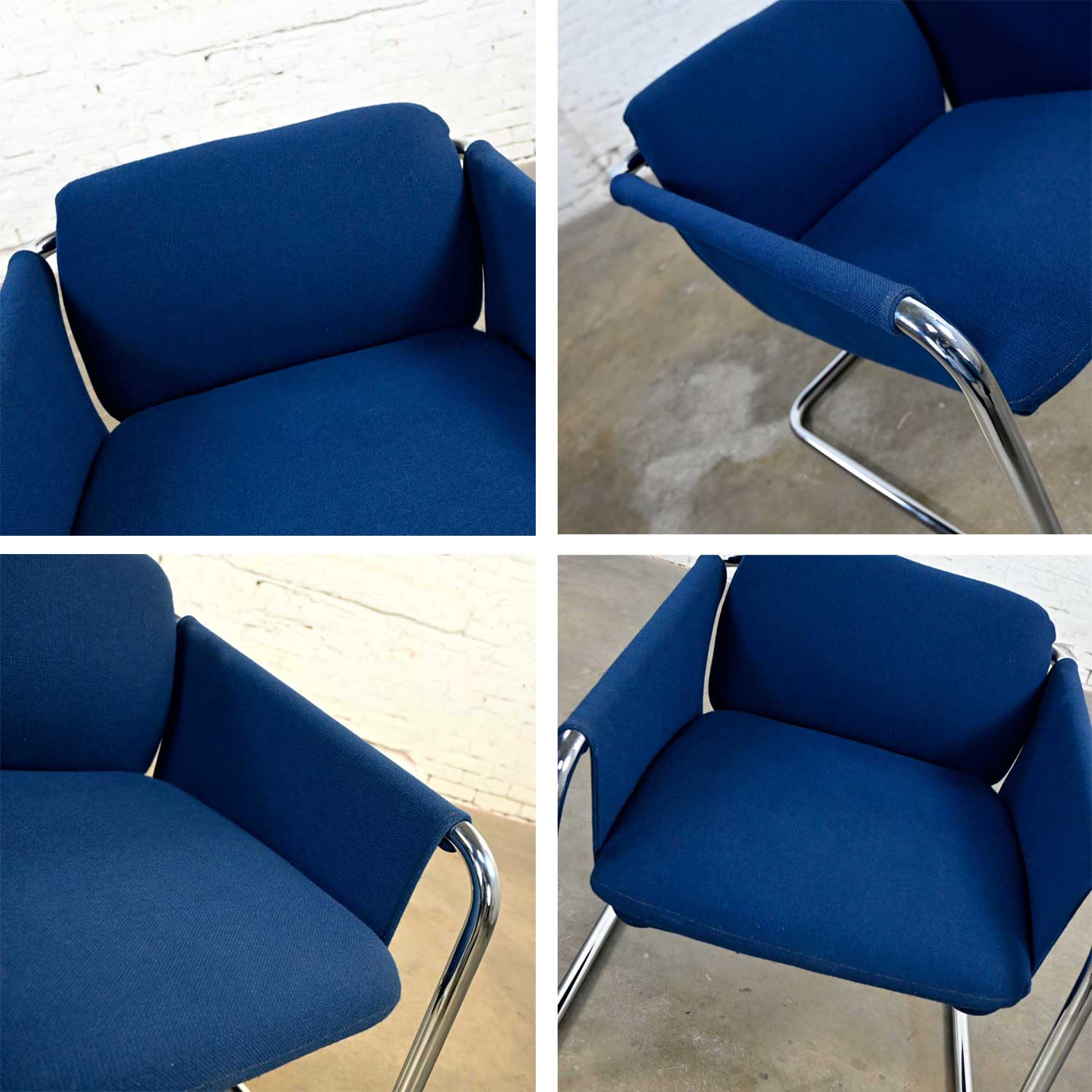 Vintage Modern Royal Blue Hopsacking & Chrome Cantilever Sling Chair
