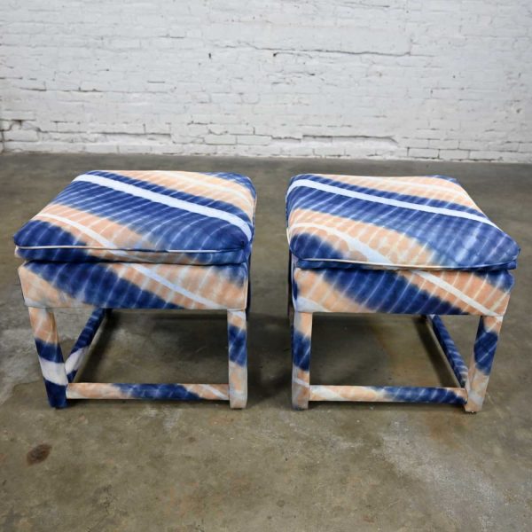 Milo Baughman Style Pair of Blue & Orange Tie-Dye Parsons Style Ottomans Stools or Benches