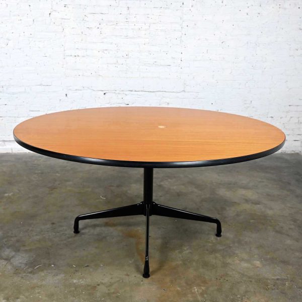 Vintage MCM Eames for Herman Miller Natural Oak 60” Diameter Round Top w/ Gromet Holes & Black Universal Base Tables 4 Available