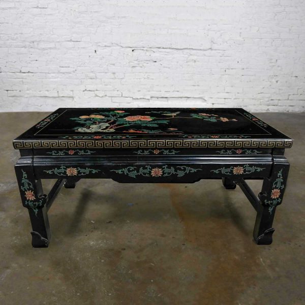 Vintage Chinoiserie Asian Folding Coffee Table Black Lacquered Carved Gold Meander & Floral Design