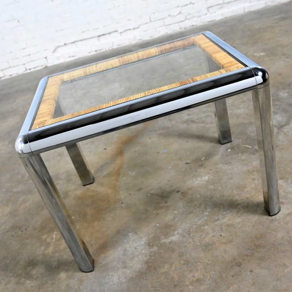 Vintage Modern Rectangular Chrome Glass & Wrapped Rattan Side Table Attributed to DIA