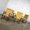 Vintage Set of 4 Large Scale Jacobean Style Armed Dining Chairs with Barley Twist Frames & Gold Sculpted Chenille by Henredon