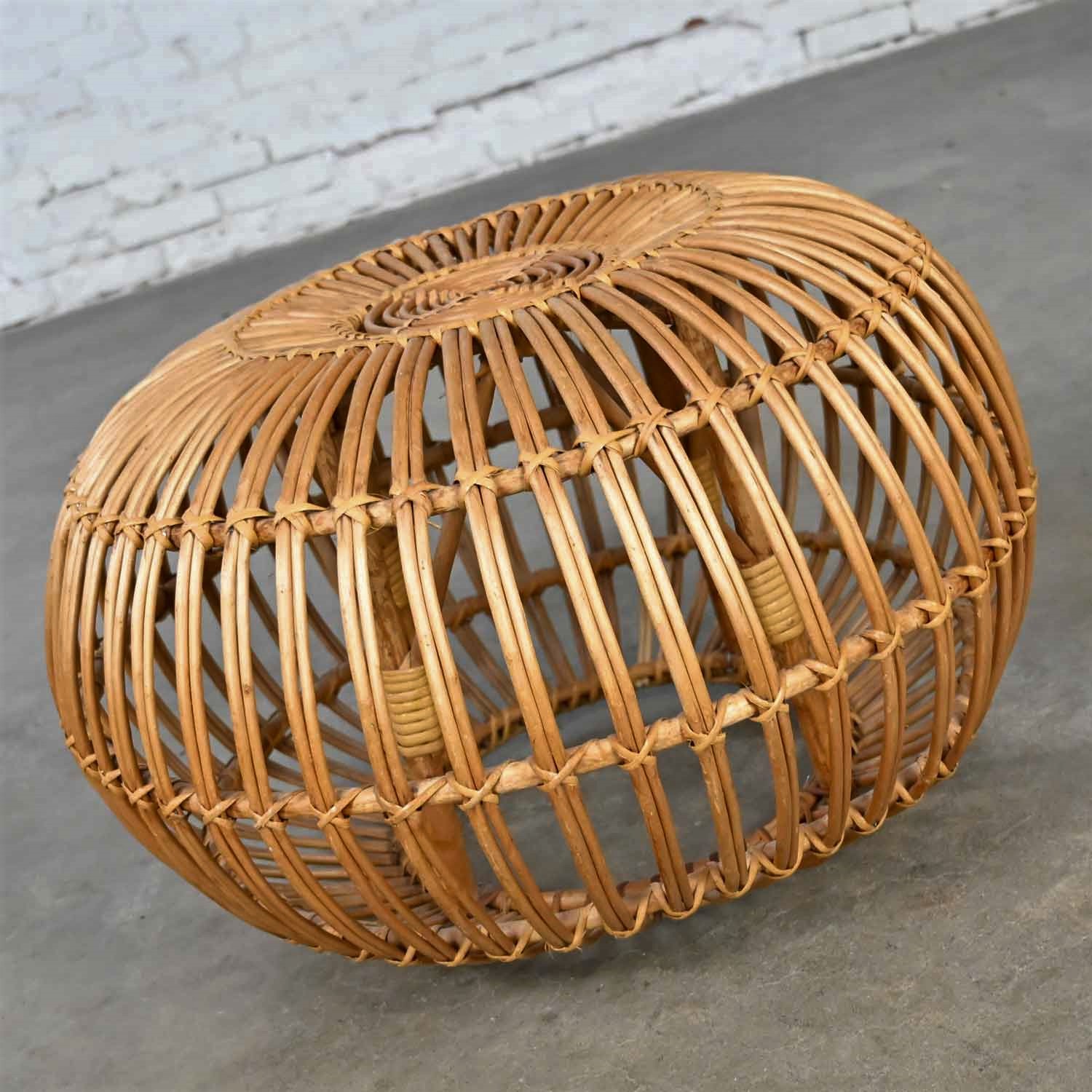Vintage Mid-Century Modern Rattan Side Table Ottoman Pouf Attributed to Franco Albini