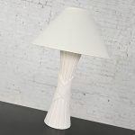 Vintage Modern White Plaster Faux Rattan Design Table Lamp with Coolie Shade by Sunset Lamp Corp