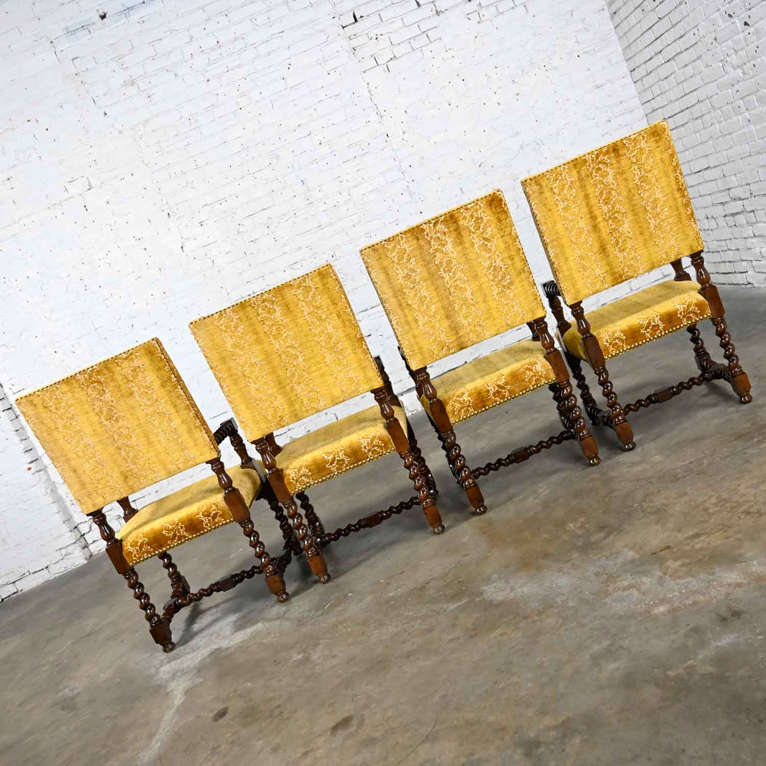 Vintage Set of 4 Large Scale Jacobean Style Armed Dining Chairs with Barley Twist Frames & Gold Sculpted Chenille by Henredon