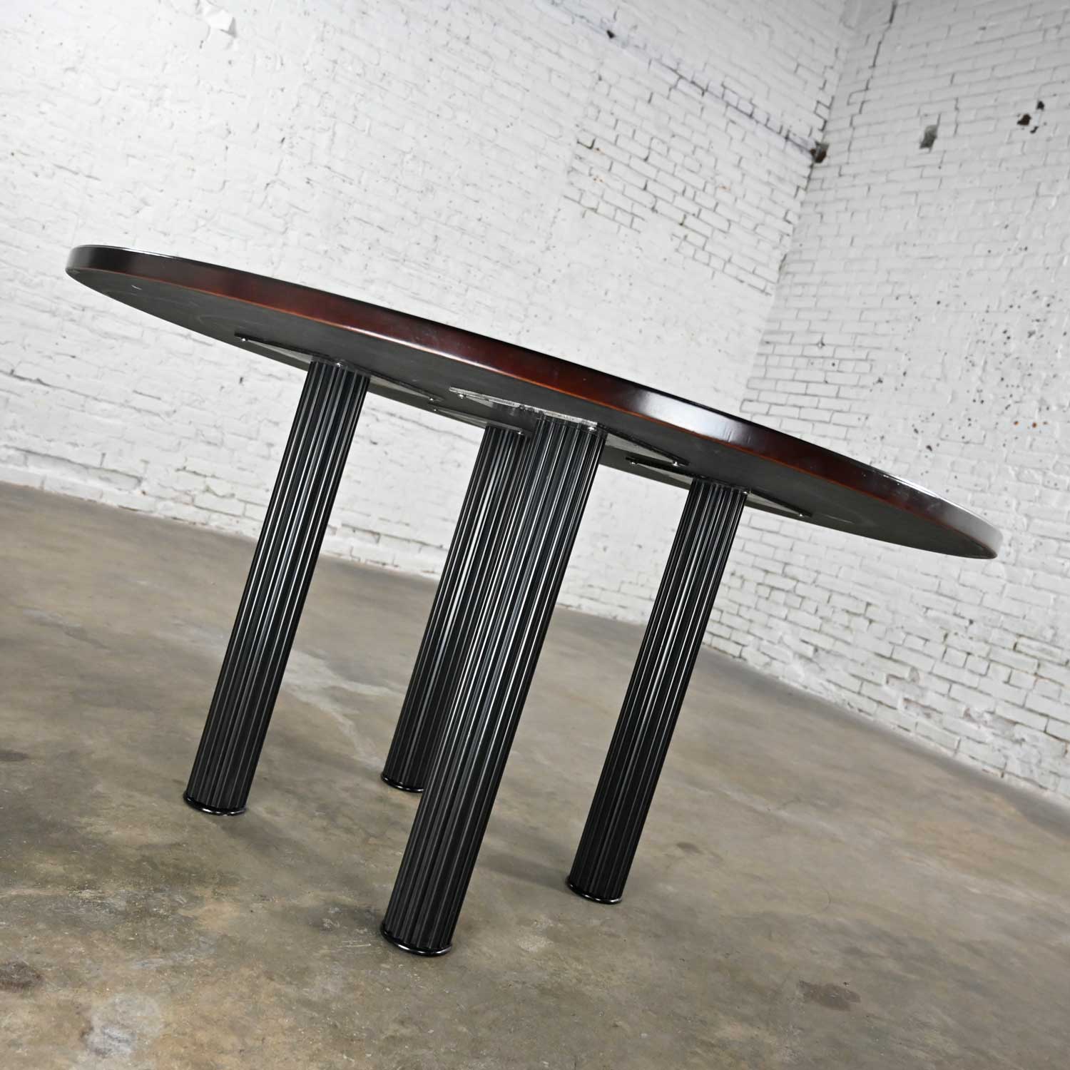 Vintage Modern Dark Cherry Finish Round Top Table with 4 Large Black Metal Fluted Cylinder Legs