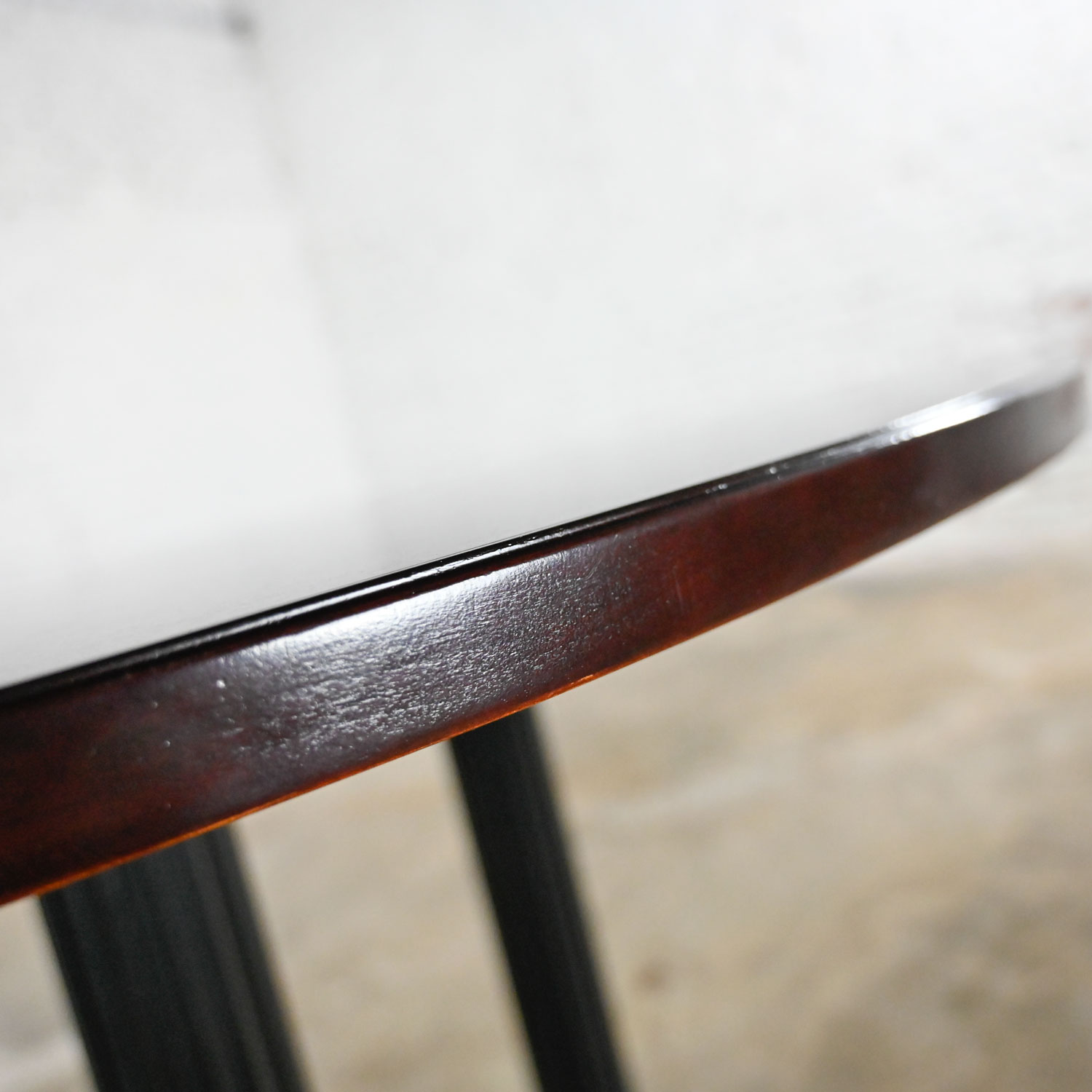 Vintage Modern Dark Cherry Finish Round Top Table with 4 Large Black Metal Fluted Cylinder Legs