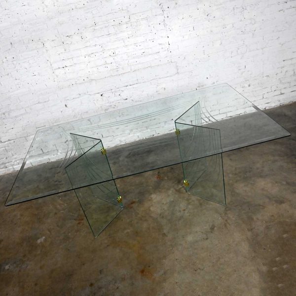 Vintage Modern All Glass Dining Table V Double Pedestal Base with Brass Plated Connectors Style of Pace