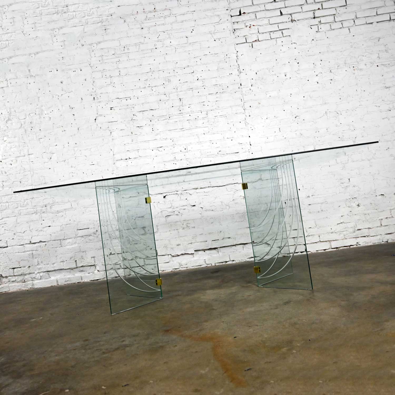 Vintage Modern All Glass Dining Table V Double Pedestal Base with Brass Plated Connectors Style of Pace