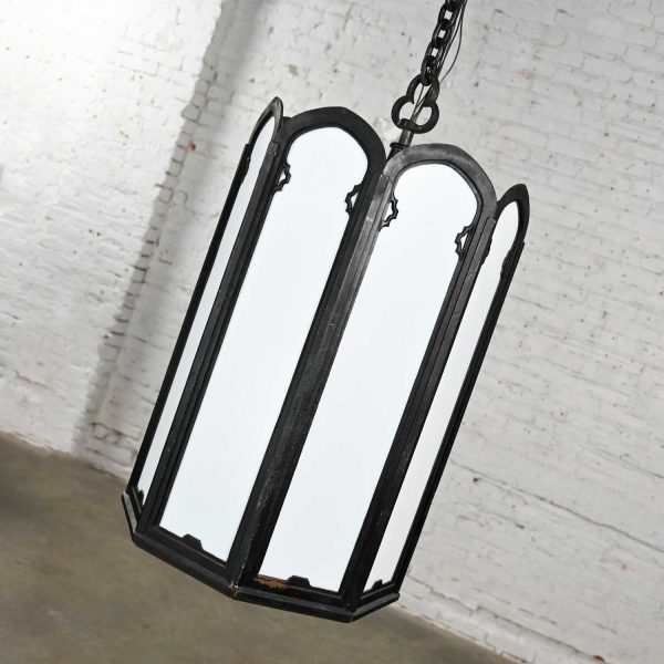 4 Large Vintage Gothic or Art Deco Black Painted Wrought Iron & White Milk Glass Light Fixtures Selling Separately