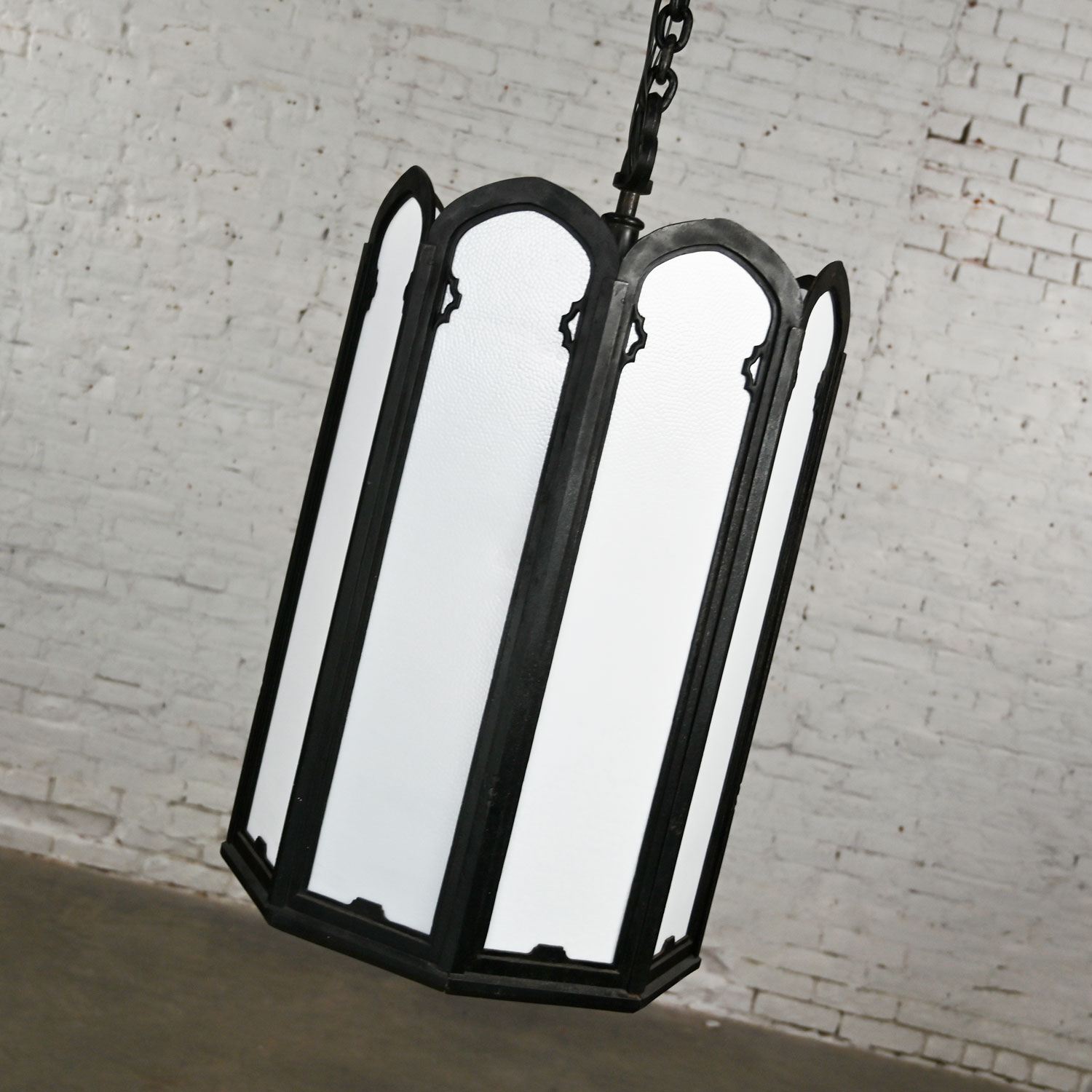 4 Large Vintage Gothic or Art Deco Black Painted Wrought Iron & White Milk Glass Light Fixtures Selling Separately