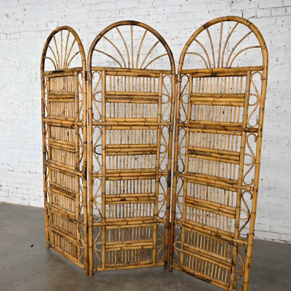 Vintage Hollywood Regency & Organic Modern Rattan 3 Panel Folding Screen Arch Tops