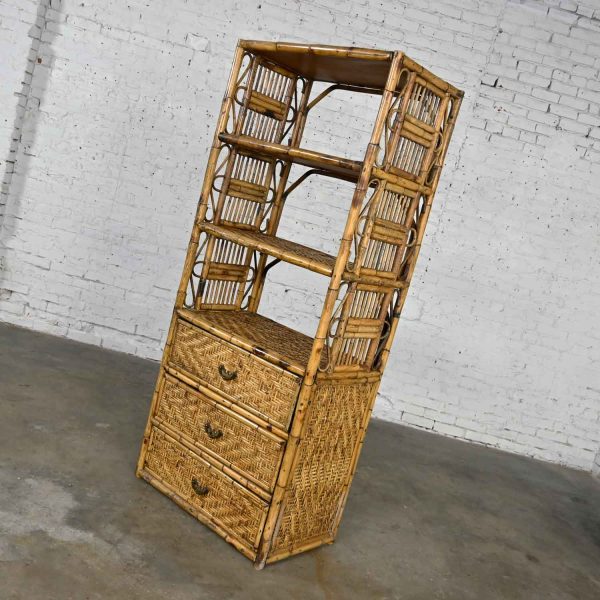 Vintage Hollywood Regency & Organic Modern Rattan Etagere or Cabinet w/ Brass Plated Pulls