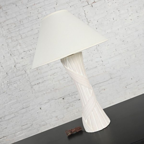 Vintage Modern White Plaster Faux Rattan Design Table Lamp with Coolie Shade by Sunset Lamp Corp