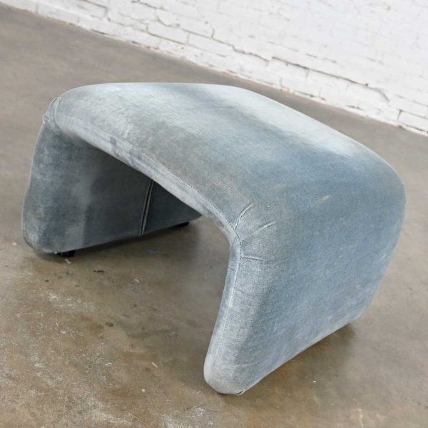 Vintage Modern U-Shaped Ottoman with Blue Velvet-Like Brushed Chenille Fabric