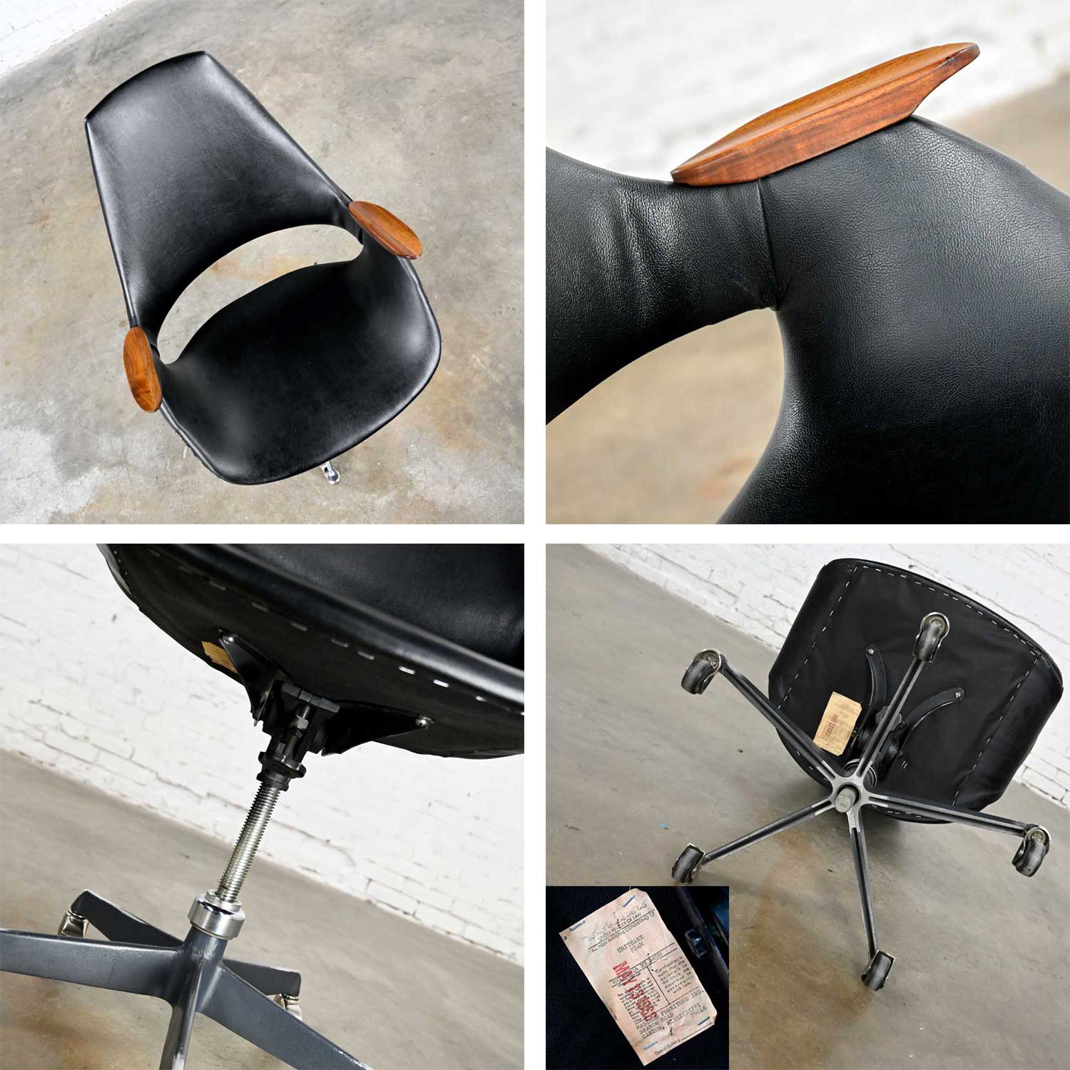 Vintage MCM Space Age Black Vinyl Rolling Desk Chair Wood Arms & Five Prong Base by Arthur Umanoff for Madison Furniture