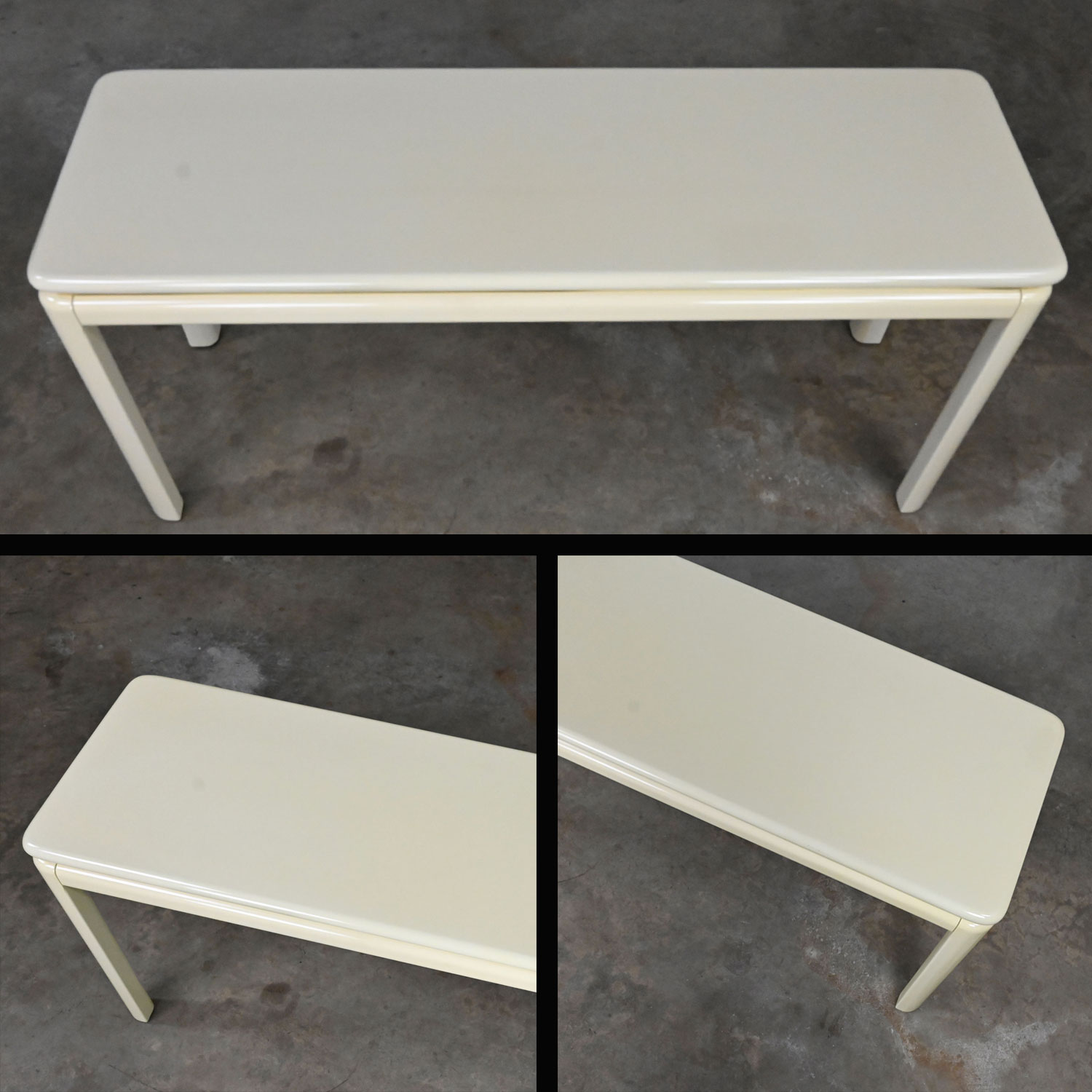 Vintage Modern or Art Deco Revival Lane Sofa Console Table in White Lacquer with Brass Trim