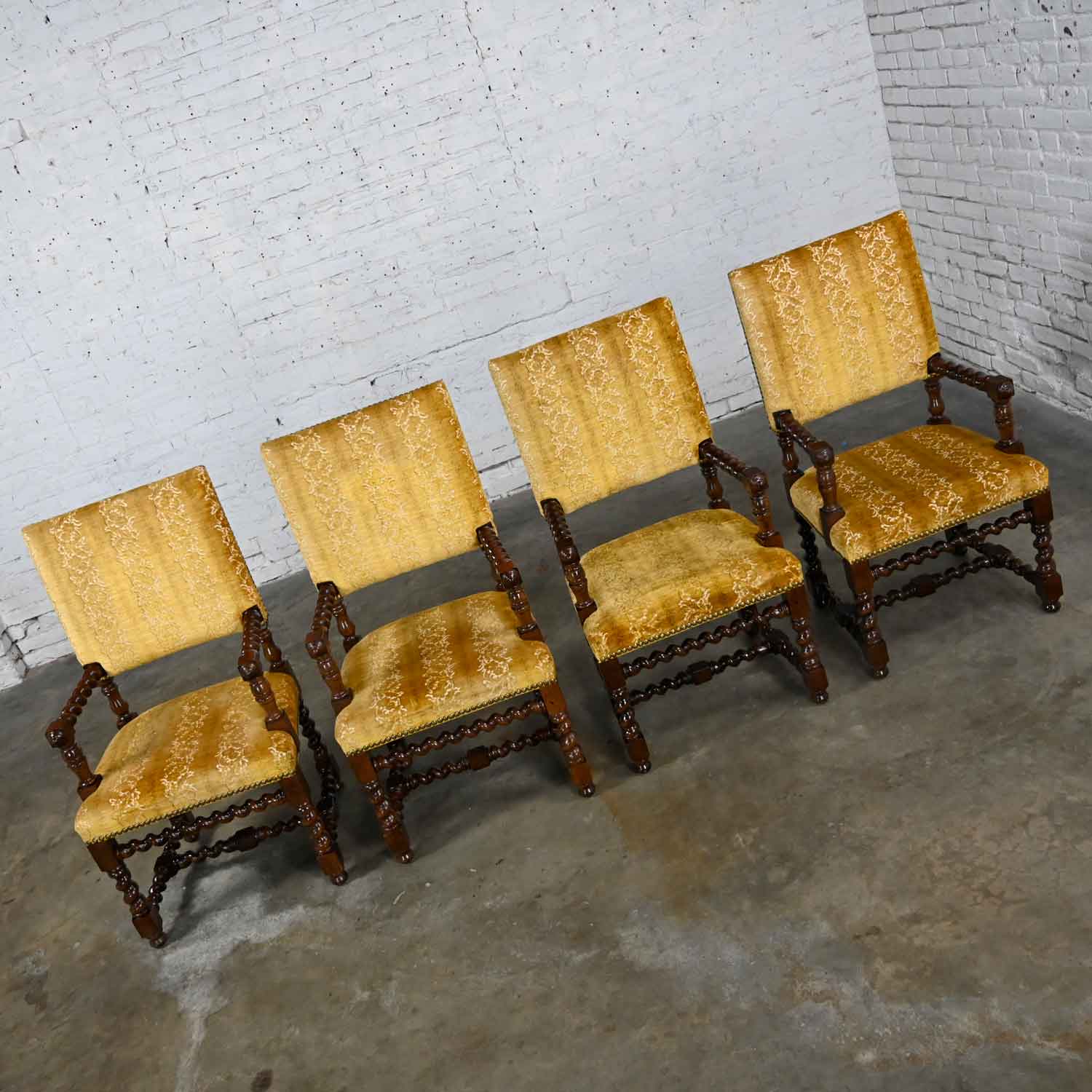 Vintage Set of 4 Large Scale Jacobean Style Armed Dining Chairs with Barley Twist Frames & Gold Sculpted Chenille by Henredon