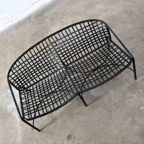 Vintage MCM Black Vinyl Webbing & Aluminum Settee Attributed to Brown Jordan Kantan Collection by Tadao Inouye