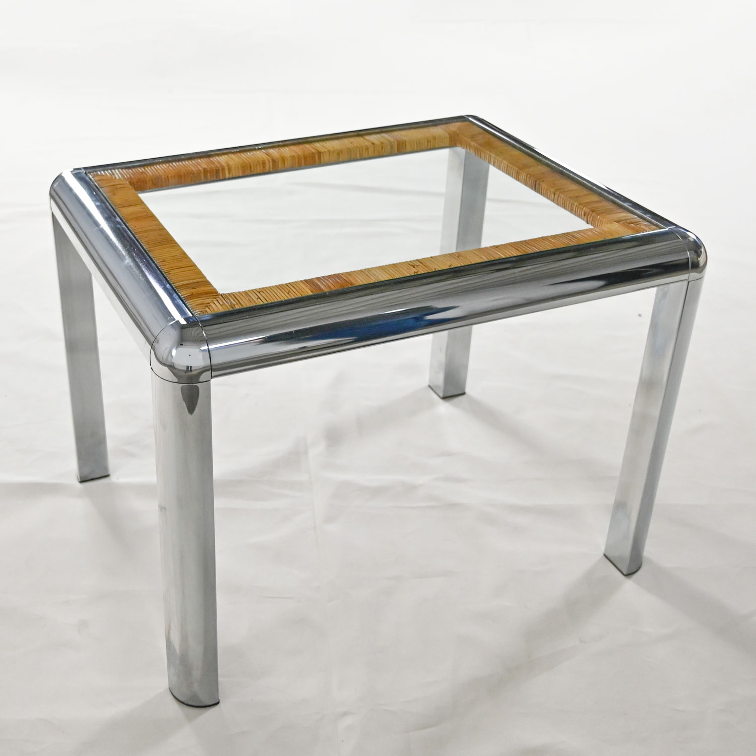 Vintage Modern Rectangular Chrome Glass & Wrapped Rattan Side Table Attributed to DIA