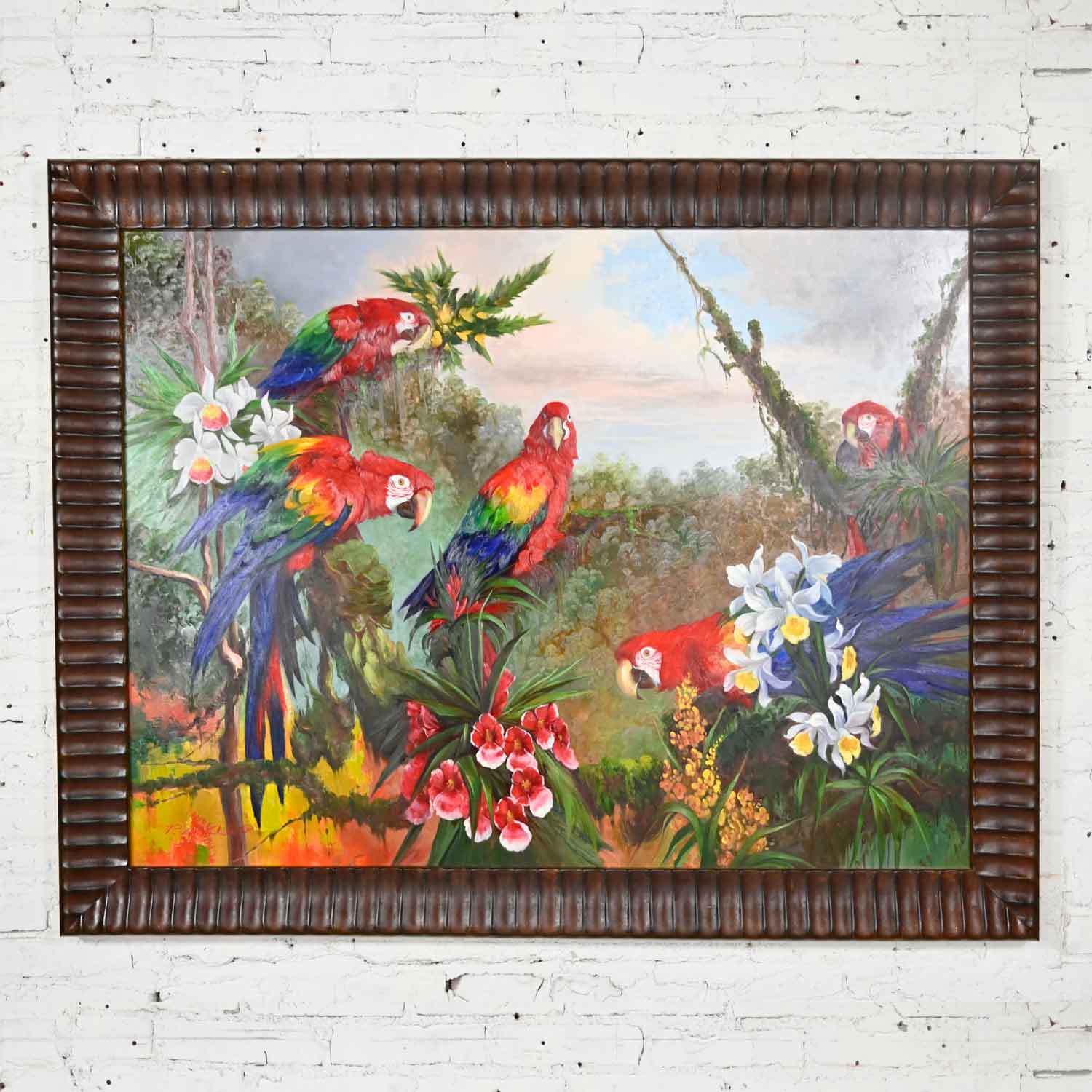 Vintage Original Large Scale Parrot Painting by P. Charles with Dark Grooved Wood Frame