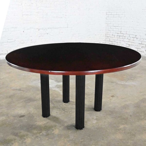 Vintage Modern Dark Cherry Finish Round Top Table with 4 Large Black Metal Fluted Cylinder Legs